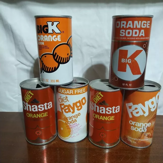 Lot 88 6 steel pull top orange and diet orange soda pop cans 12 oz.  faygo