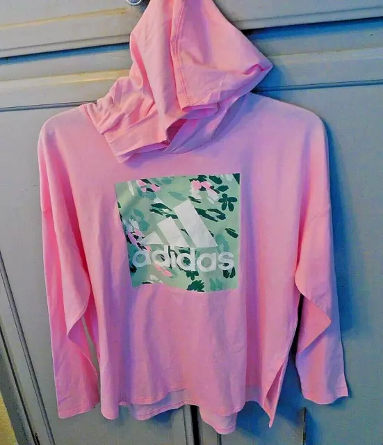adidas pink L/S pullover hoodie w green floral logo youth sz XL NWT