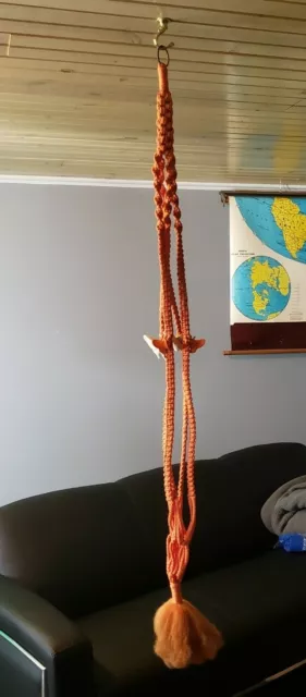 Vintage Macrame Plant Hanger Orange Ceramic Butterfly Bead Mid Century