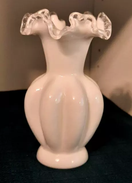 Fenton White 6" Milk Glass Silver Crest Melon Vase Ruffled Rim 1940's