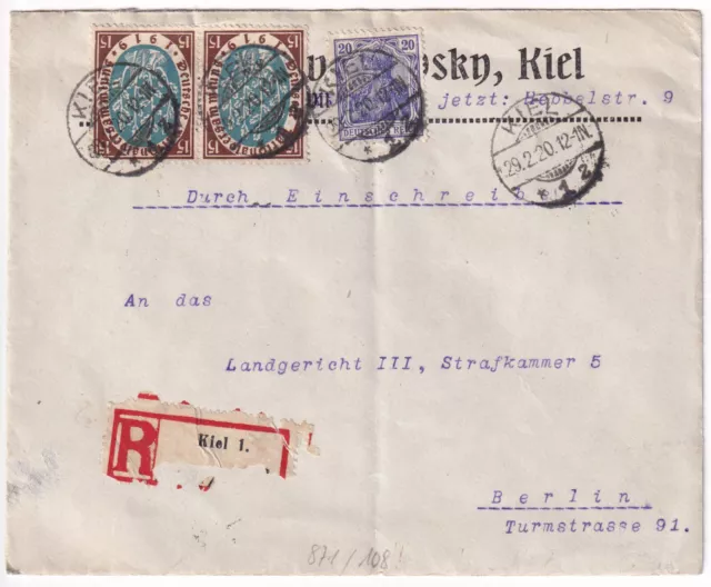 DR Mi.Nr. 108 Paar & 20 Pf. Germania MiF R-Brief Kiel - Berlin 29.2.1920