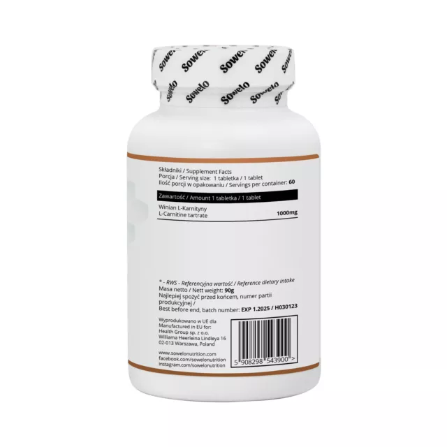 SOWELO L-CARNITINA 1000mg QUEMADOR DE GRASA ANTICATABOLICO ANTIOXIDANTE 2