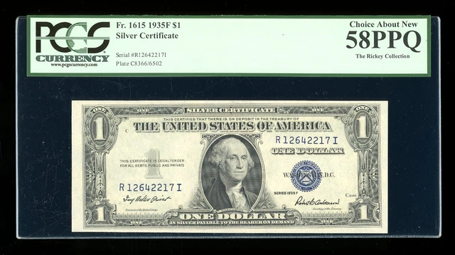 DBR $1 1935-F Silver Fr. 1615 RI Block PCGS 58 PPQ Serial R12642217I