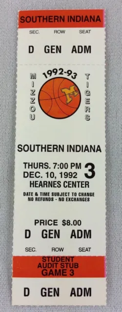 1992 12/10 Southern Indiana at Missouri Tigers Basketball Full Ticket