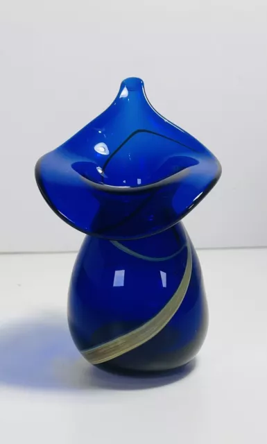 Hand Blown Art Glass Cobalt Blue Jack in the Pupit Small Vase Gold Swiri Design