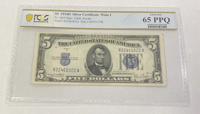 $5 1934D Silver Certificate Wide I Fr. 1654 Clark, Snyder PCGS 65PPQ