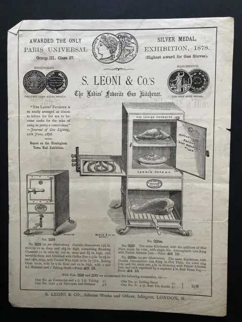Victorian S Leoni's Gas Kitchener  doublesided illustrated advertising sheet