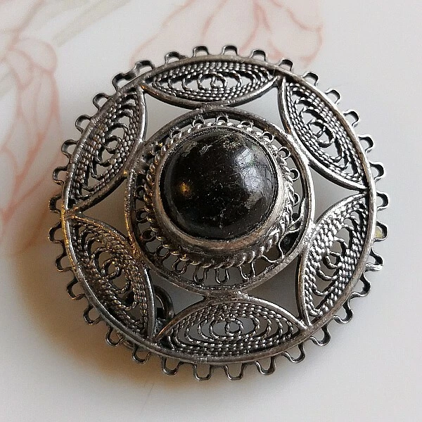 GROS PENDENTIF ARGENT massif, pierres cabochons onyx noir B484 EUR 35,00 - FR