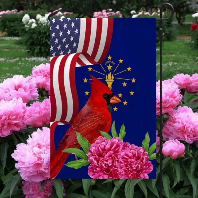 Indiana State Cardinal And Peony Flower Garden Flag For Outdoor 12X18Inch