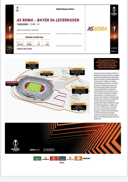 Biglietto semifinale AS Roma vs Bayer 04  Leverkusen - distinti sud