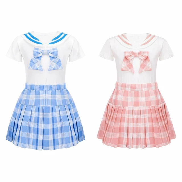 Baby Girls Short Sleeve Outfits Turndown Collar Top Plaid Pleated Skirt Clothes