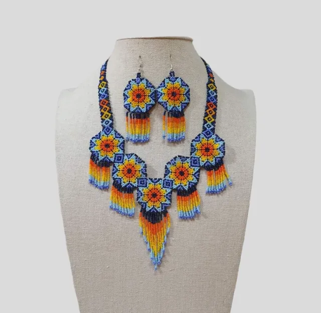 Huichol Indian Beaded Flower Necklace & Earrings Handmade Mexican Folk Art Boho