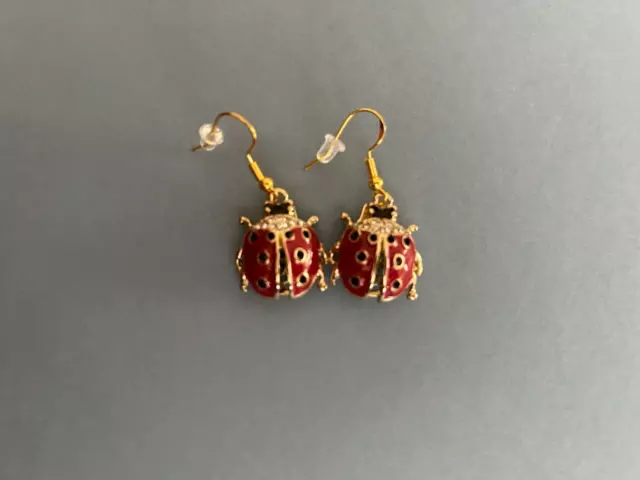 large red, black & gold w/cz's ladybug drop earrings on gold tone wires new cute