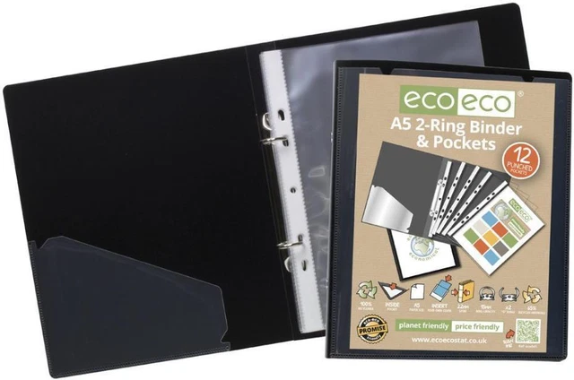 Classeur De Présentation Eco-Eco à 4 Anneaux Avec 12 Pochettes A4 - Format Recyclé 65% Noir