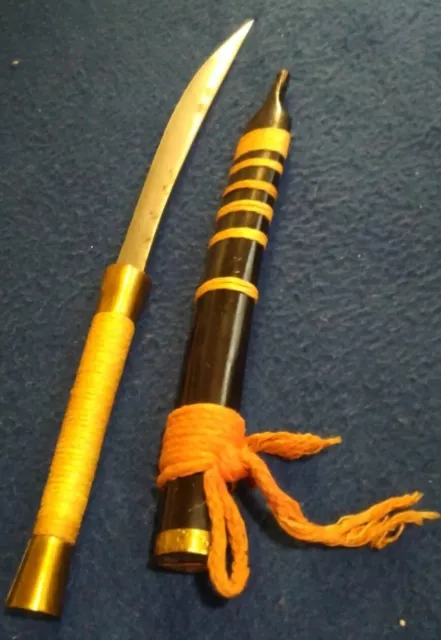 Antique Burmese Thai Dha Daab Dagger Asian Sword with Wave Markings and Sheath