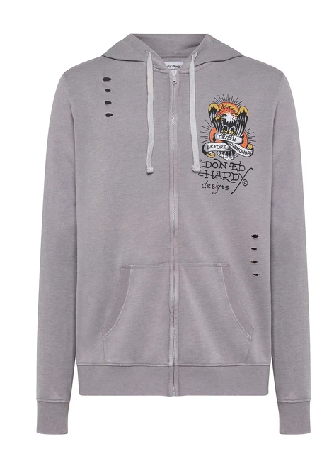 Felpa Uomo con Cappuccio e Cerniera Grigia ED HARDY Tattoo Design S M L XL 2XL