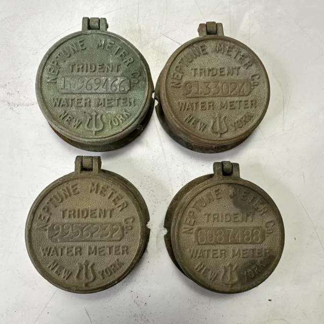 4 Pc. Lot Vintage Neptune Meter Co. - Trident Water Meter, New York- Brass Cover