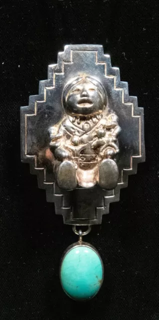 Sterling Silver Story Teller Pendant/Pin w/Turquoise Native American Pueblo