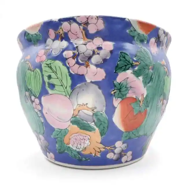 Chinese Koi Fish Bowl Jardiniere Planter Hand Painted Porcelain Botanical 7" H
