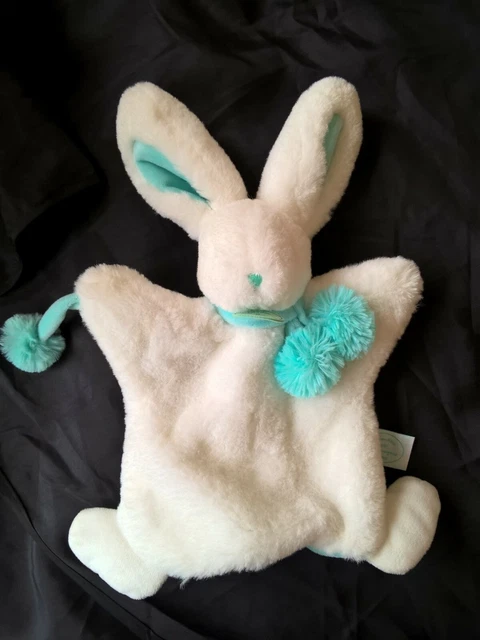 Doudou Et Compagnie Lapin Marionnette Blanc Vert Bleu Turquoise Pompon Dc2742