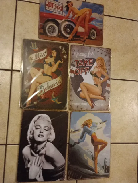 5x  Pin Up Garage METAL SIGNS Job lot. A4 size 30 x 2O cms. Clear out all new