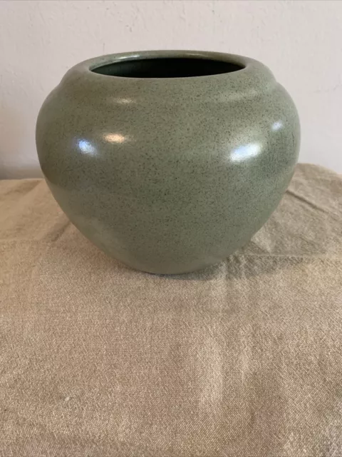 vintage green speckle glaze round vase mid century haeger? USA stamped