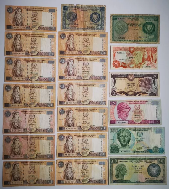Cyprus Lot 20 Banknotes 250 mil-10 Pounds/Lira 1979-2004  (Lot 123)