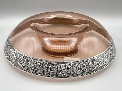 Vintage Pink Depression Glass Console Bowl Sterling Silver Dipped Rim 12in”