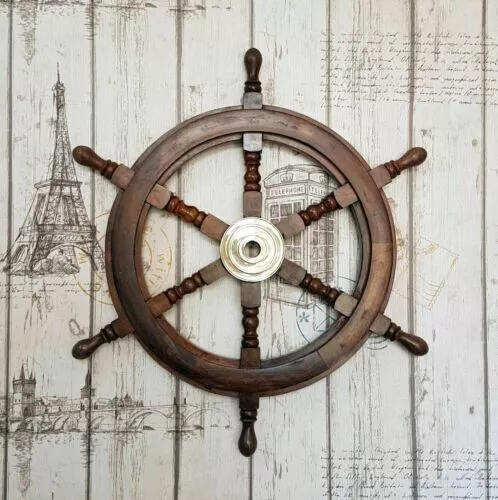 Nautical 18" Boat Ship Wooden Steering Wheel Brass Centre Antique Wall Decor