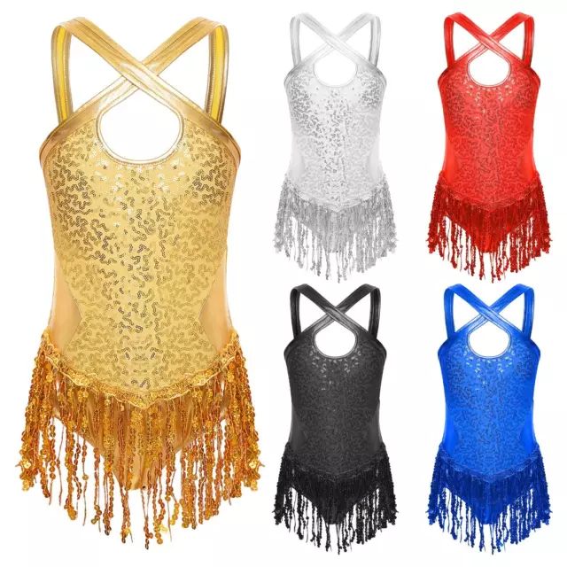 Kids Girls Shiny Ballet Dance Leotard Dress Sleeveless Sequins Tassel Bodysuit