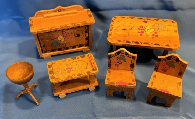 Vintage Japanese Wooden Dollhouse Furniture Lot Of 6 Pieces 1/16 Scale