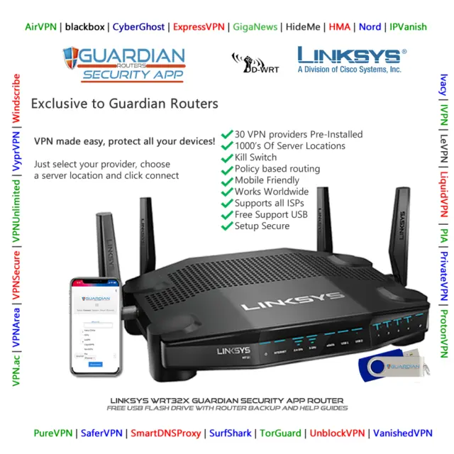 Linksys WRT32x Guardian App router VPN Surfshark Nord Ivacy PIA opzioni di acquisto