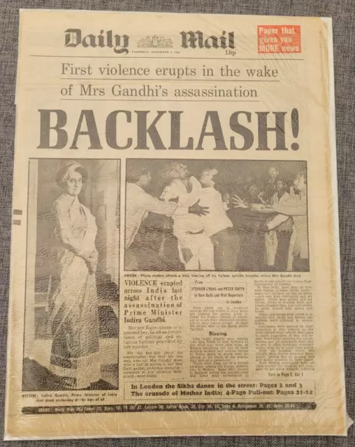 Tägliche Post Gewalt Im Wachen Nach Frau Ghandi Tod Indien 1. Nov 1984 Zeitung