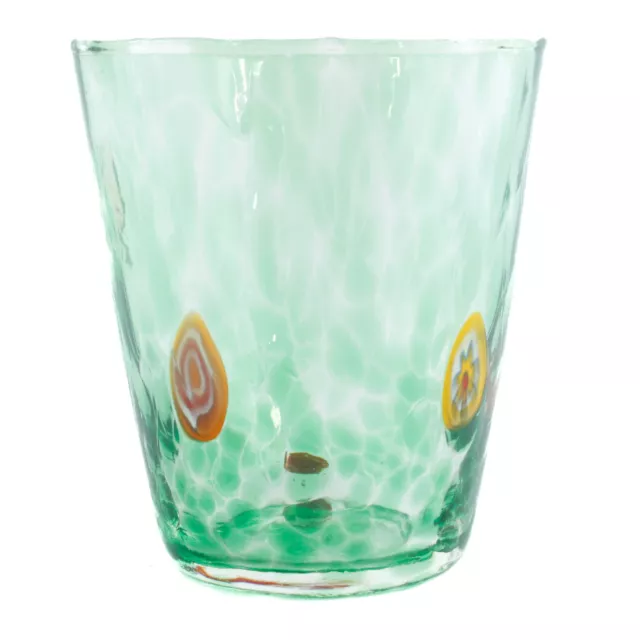 Murano Glas Trinkflasche Glas Bauchige Grün Gelb Handgefertigt Millefiori 11cm