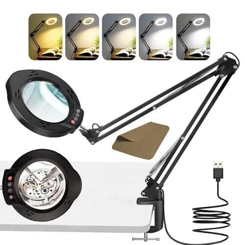 Lampe Loupe LED 5X, Lampe Loupe De Bureau Bras Rotatif Réglable, , Lentille En Verre De, Pour L'entretien, L'artisanat, La Lecture, La Couture, Noir
