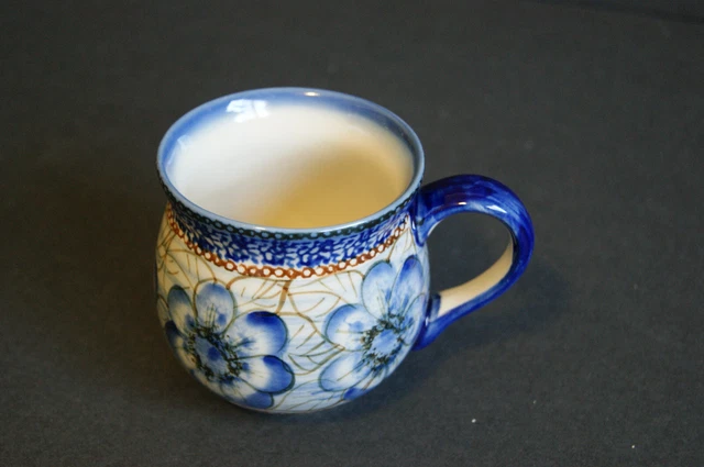 (1/4) Polish Pottery Bubble Mug Tea Coffee Blue Daisy Garden 8oz Boleslawiec
