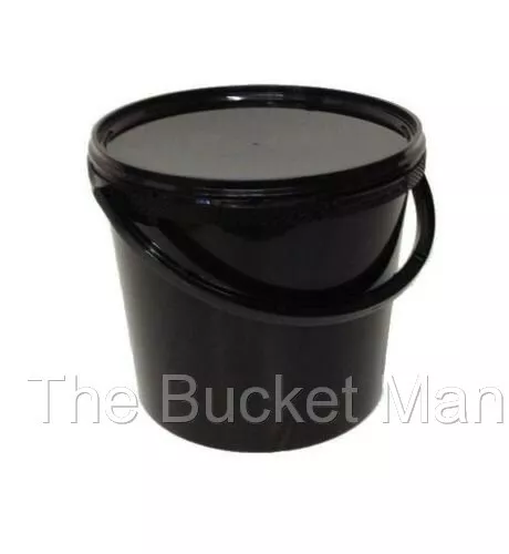 3 x 10 L Ltr Litre Black Plastic Buckets Containers with Lids & Plastic Handles