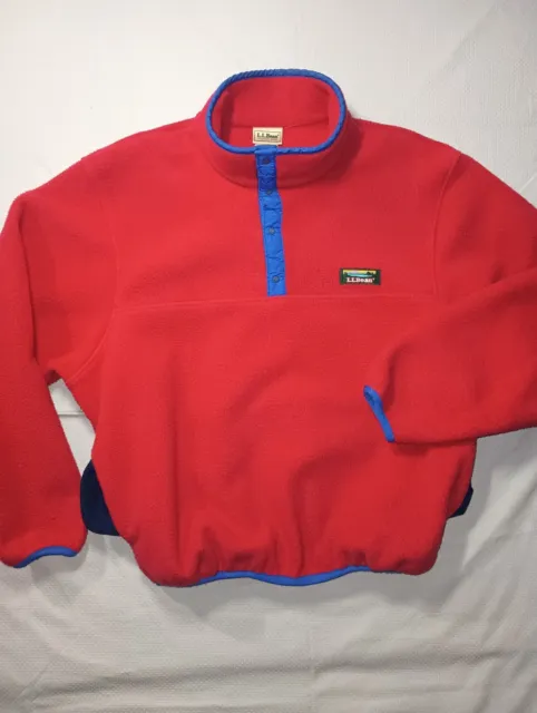 Vintage LLBean Mens M Red Made in USA Fleece Sweater 1/4 Snap Pocket Sweatshirt