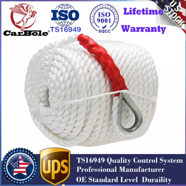 3/4"x200' Twisted Three Strand Nylon Anchor Rope Boat w/ Thimble Sailboat TU