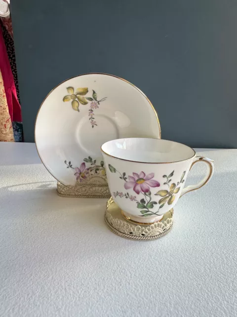 Vtg Crown Staffordshire Bone China England Purple Floral Footed Tea Cup & Saucer