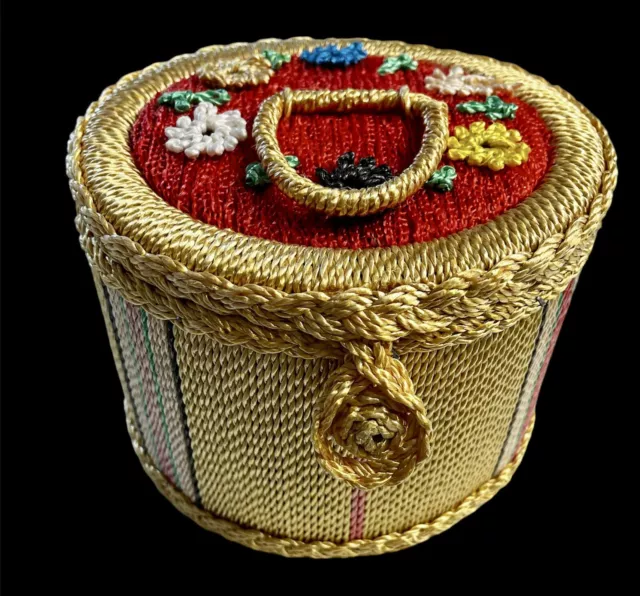 Straw Woven-Sewing Basket-Vintage-Embroidered Straw Flowers-Red Top