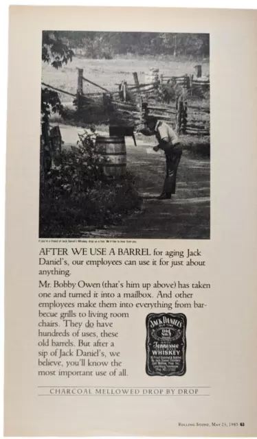 Jack Daniel's Reusing Whiskey Barrels Ad 1985 Rolling Stone ~7x12"