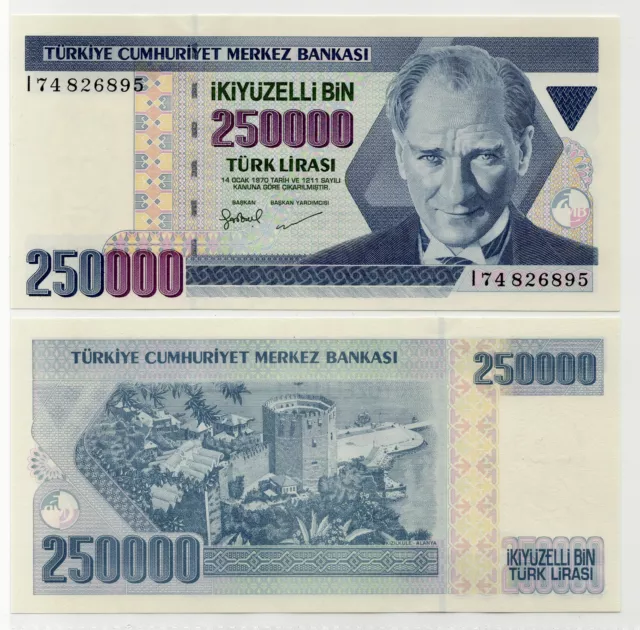 Turkey  250,000 (1/4 Million) Lira P-211 1998  Ataturk Monument Unc Banknote