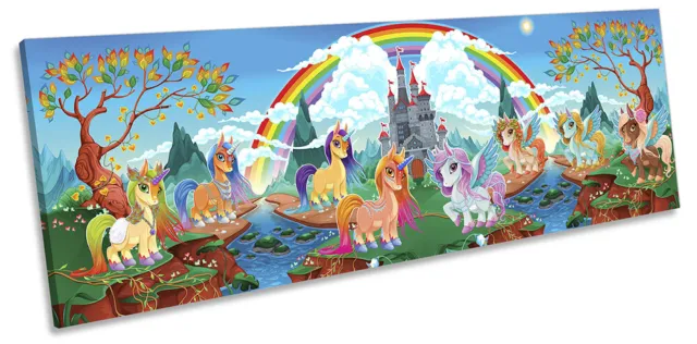 Unicorn Fairy Tale Rainbow Picture PANORAMA CANVAS WALL ART Print Multi-Coloured