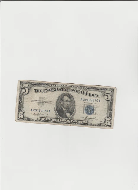 ✯$5 Silver Certificate Note✯ Blue Seal ✯Old Money Rare Bill Lot 1953✯FREE SHIP✯