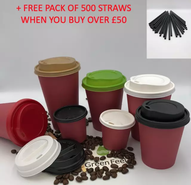 RED PAPER CUPS 4oz 8oz 12oz 16oz Disposable Coffee Tea Cold Hot Drinks SIP LIDS