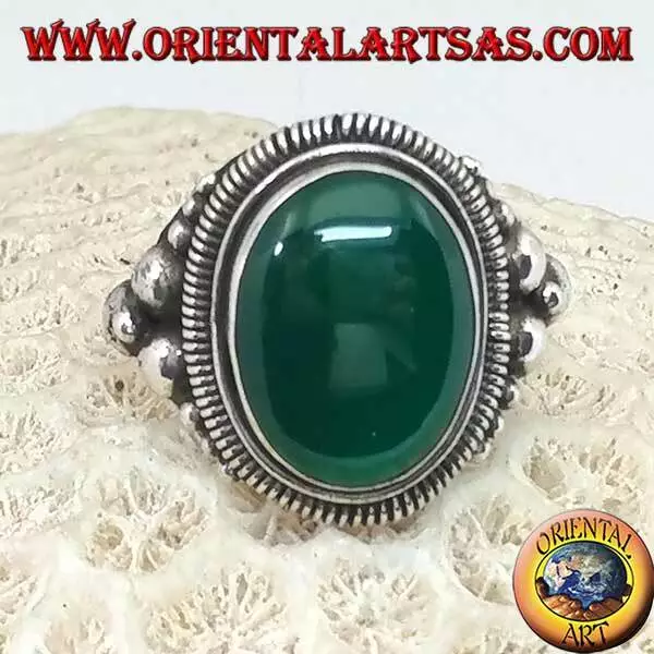 Anello in argento 925 ‰ con agata verde ovale a cabochon grande