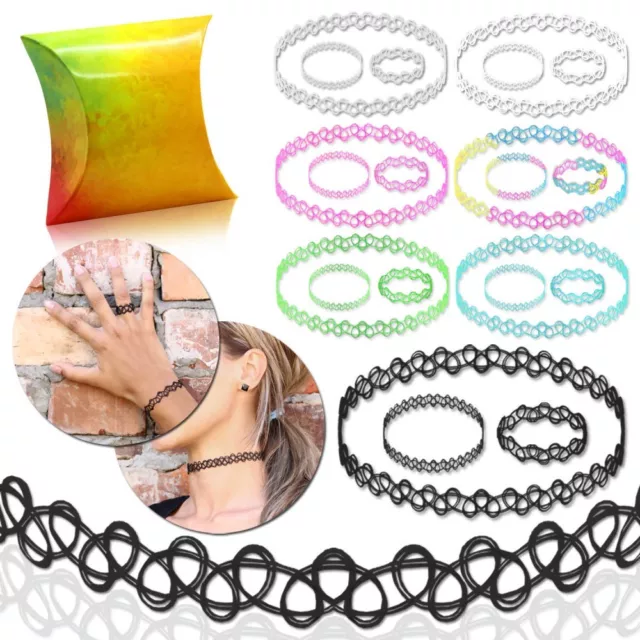 Tattookette Set + Geschenkbox Halskette Ring Armband Henna Choker Dehnen Stretch