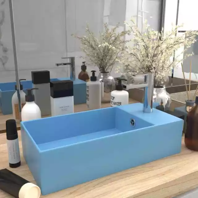 Light Blue Ceramic Bathroom Sink 480x250x150mm with Overflow Hole