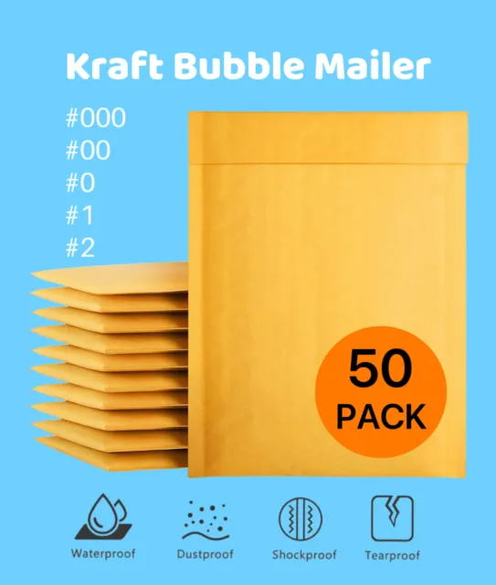 50 Pack  #000 #00 #0 #1 #2 Kraft Bubble Mailer Padded Envelopes Made in USA